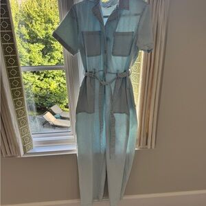 Denim Short Sleeve Belted Jumpsuit